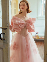 Pink Tulle Off the Shoulder Bow Prom Dress