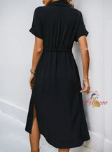 V-neck Pocket Solid Color Dress