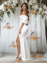 White Mermaid Satin Off the Shoulder Wedding Dress