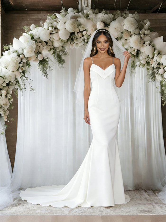 White Mermaid Spaghetti Straps Wedding Dress