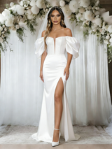 White Mermaid Satin Off the Shoulder Wedding Dress