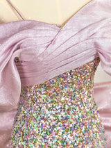 Pink Sequins Straps Bow Pleats Prom Dress