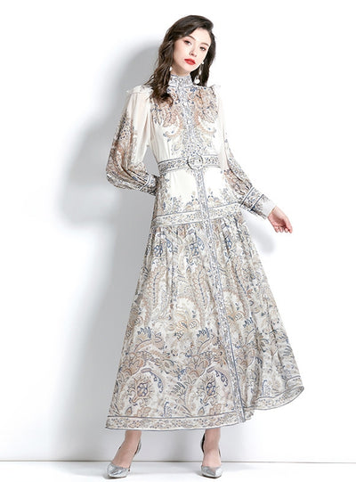 Long-sleeved Lantern Sleeve Printed Dress