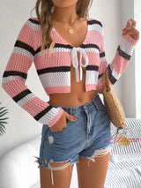 Summer Hollow Contrast Long Sleeve Knitted Sunscreen Shirt