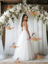 White Tulle Lace Spaghetti Straps Wedding Dress