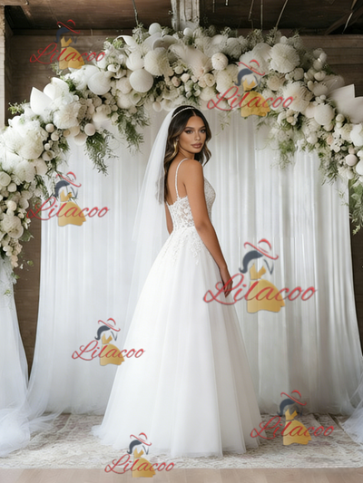 White Tulle Lace Spaghetti Straps Wedding Dress