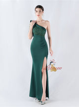 Mermaid One Shoulder Split Appliques Prom Dress