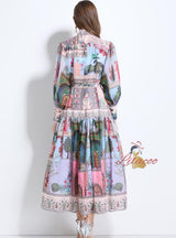 Palace Lantern Sleeve Button Slim Chiffon Printed Dress
