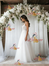 White Tulle Lace Spaghetti Straps Wedding Dress