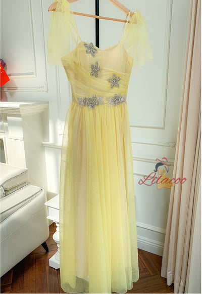 Yellow Mesh Long High Waist Slim Dress