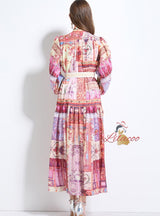 Palace Lantern Sleeve Buttoned Chiffon Printed Dress