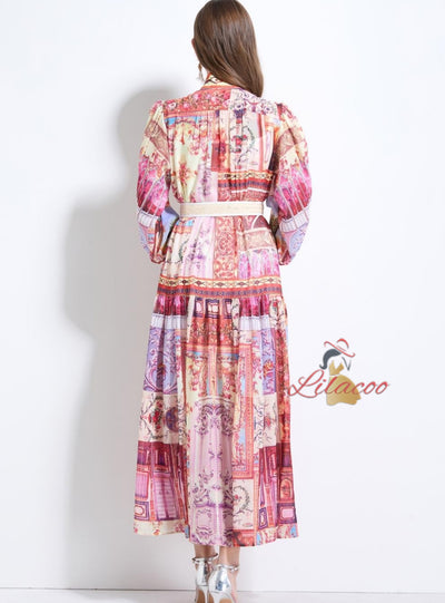 Palace Lantern Sleeve Buttoned Chiffon Printed Dress