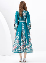 Retro Long-sleeved V-neck Printed Dress