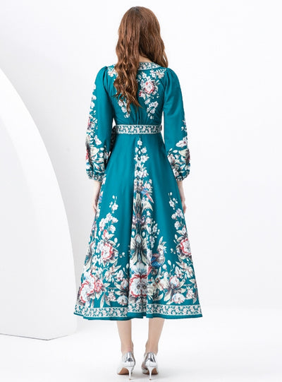 Retro Long-sleeved V-neck Printed Dress