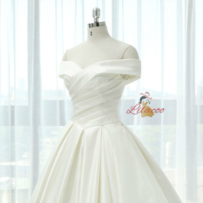 White Satin Off The Shoulder Pleats Wedding Dress