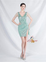 V-neck Sequins Beading Mini Prom Dress