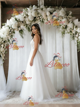 White Tulle Lace Spaghetti Straps Wedding Dress