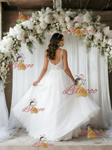 White Tulle Lace Spaghetti Straps Wedding Dress