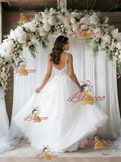 White Tulle Lace Spaghetti Straps Wedding Dress