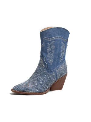 Diamond Pointed Thick Heel Blue Boots