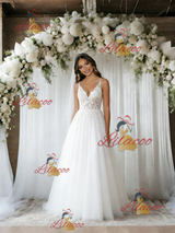 White Tulle Lace Spaghetti Straps Wedding Dress