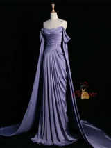 A-Line Purple Off the Shoulder Pleats Prom Dress
