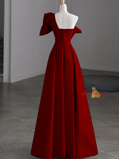 Burgundy Satin One Shoulder Bow Prom Dress