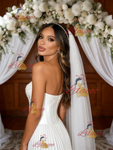 White Satin Strapless Pleats Wedding Dress