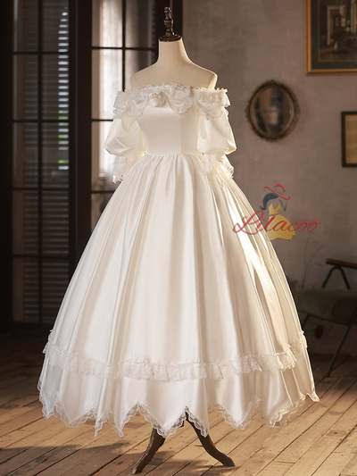 White Satin Lace Puff Sleeve Wedding Dress