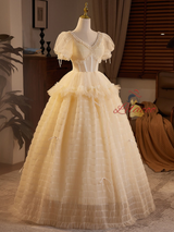 Champagne Tulle V-neck Beading Wedding Dress