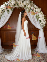 White Satin Strapless Pleats Wedding Dress
