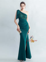 One Shoulder Split Pleats Lace Prom Dress