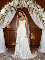 White Satin Strapless Pleats Wedding Dress