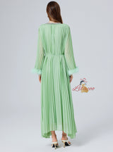 Diamond Beaded Feather Stitching Pleated Loose Dress