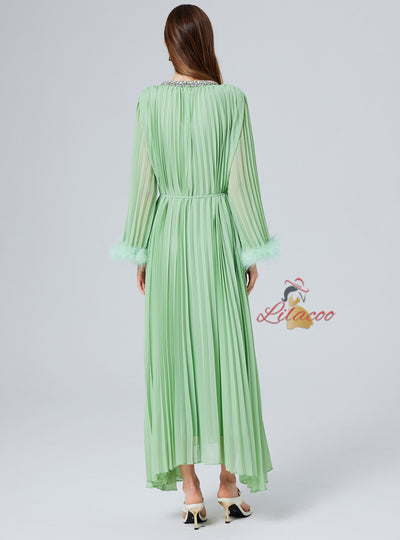 Diamond Beaded Feather Stitching Pleated Loose Dress