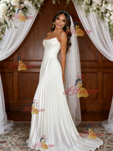 White Satin Strapless Pleats Wedding Dress