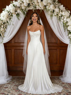 White Satin Strapless Pleats Wedding Dress