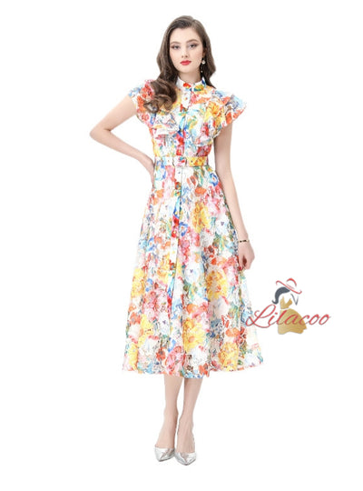 Retro Stand-up Sleeveless Long Printed Dress