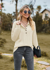 Solid Color Lapel Button Loose Long Sleeve Top