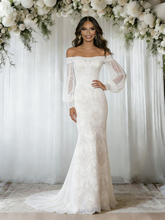White Lace Long Sleeve Wedding Dress