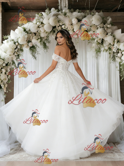 White Tulle Off the Shoulder Appliques Wedding Dress