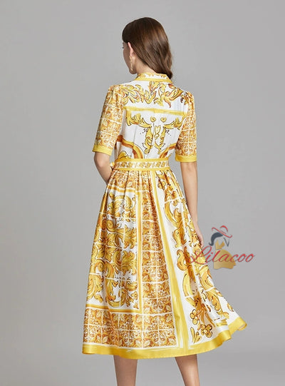 Retro Printed Silm Waist Lapel Shirt Dress