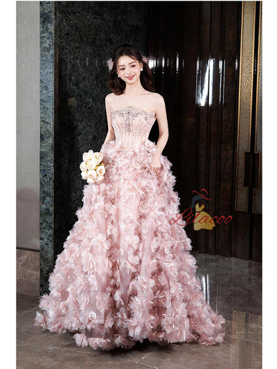 Pink Tulle 3D Flower Beading Quinceanera Dress