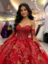 Red Tulle Long Sleeve Appliques Quinceanera Dress