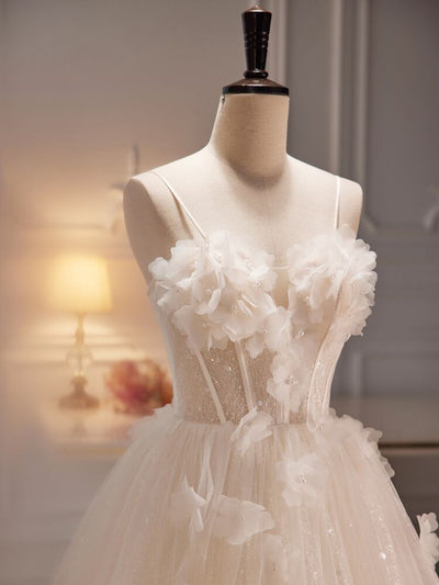 Ivory Tulle Sequins 3D Flower Wedding Dress