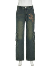 Retro Embroidered High Waist Zipper Pocket Jeans