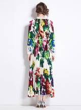 Printed Lantern Sleeve Pleated Belt Dress