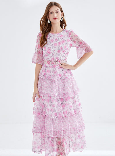 Lotus Leaf Cake Chiffon Floral Dress