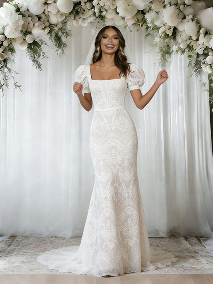 Mermais Puff Sleeve Lace Wedding Dress