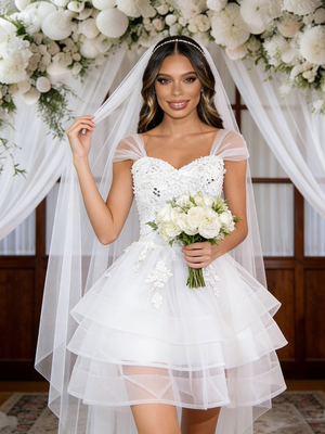 White Tulle Straps Appliques Beading Wedding Dress